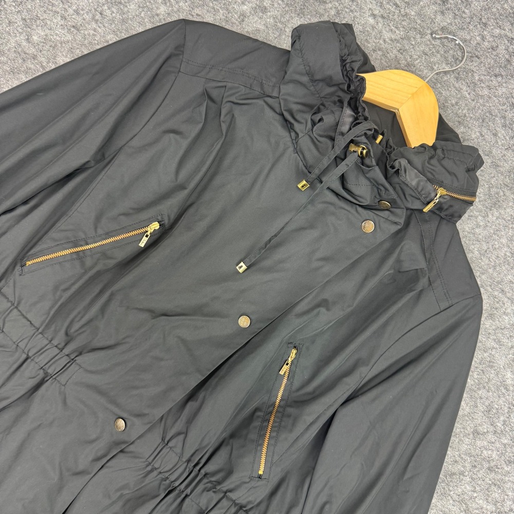 Cole Haan Womens Large Hidden Hood Utility Jacket‎ Drawstring Waist Gold Zipperr